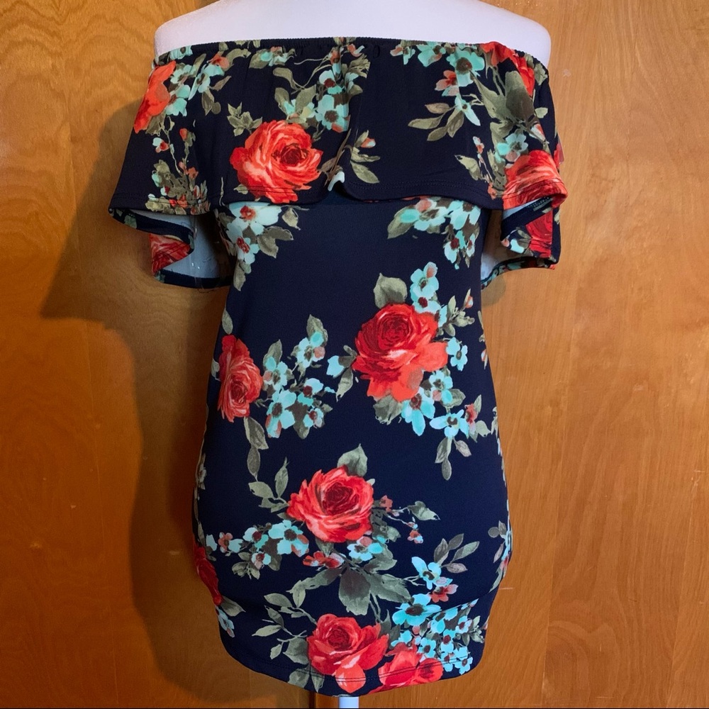 Navy Blue Off The Shoulder Floral Bodycon Dress